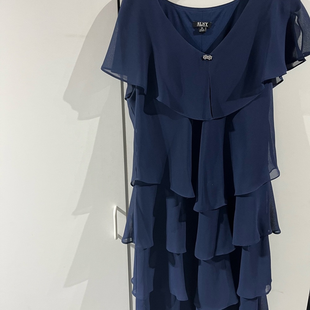 SLNY Blue Tiered Ruffled Midi Dress